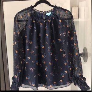 Draper James Navy Floral Sheer lined Swiss dot blouse S Career wear